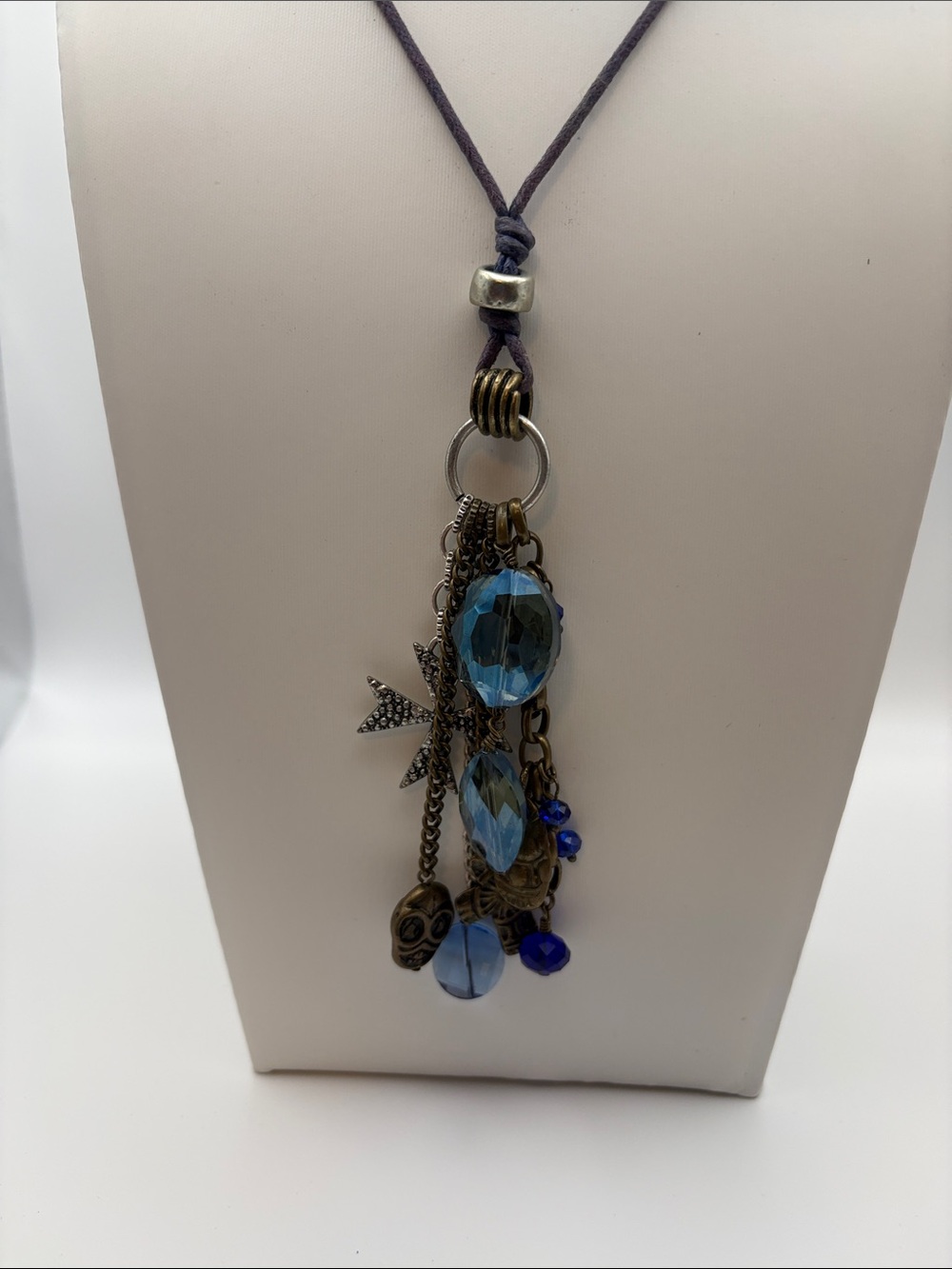 Blue Crystal Charm Tassel Necklace for Women